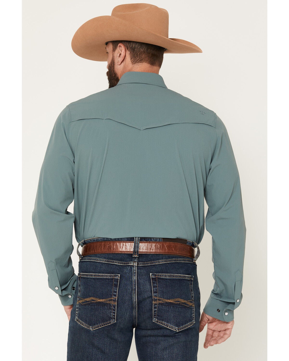 Image #4 - Ferrell Men's Tek Solid Short Sleeve Pearl Snap Stretch Performance Western Shirt, Blue, hi-res