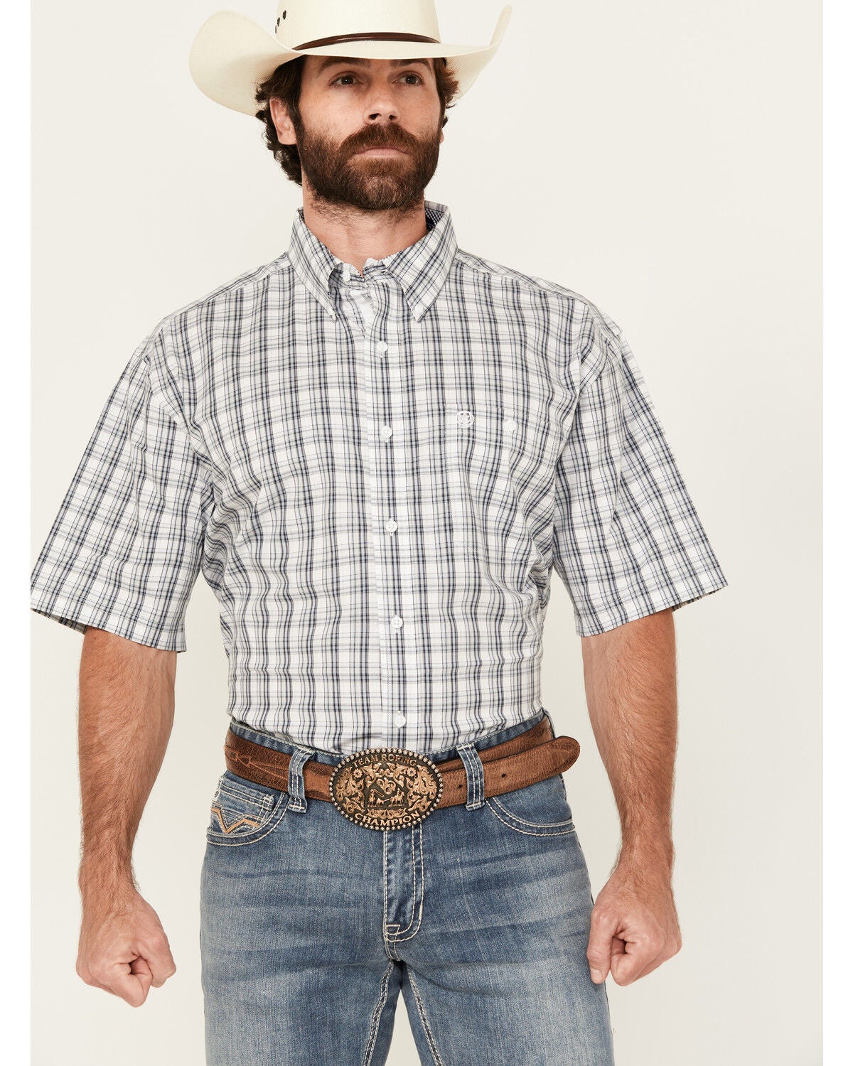 George Strait by Wrangler Men's Plaid Print Short Sleeve Button-Down Stretch Western Shirt, White, hi-res