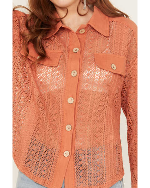 Very J Women's Crochet Button-Down Shacket , Rust Copper, hi-res