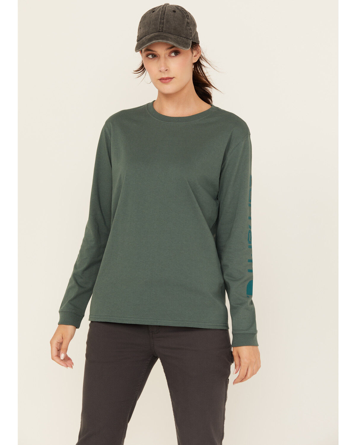 Image #1 - Carhartt Women's Loose Fit Heavyweight Long Sleeve Graphic Tee, Forest Green, hi-res