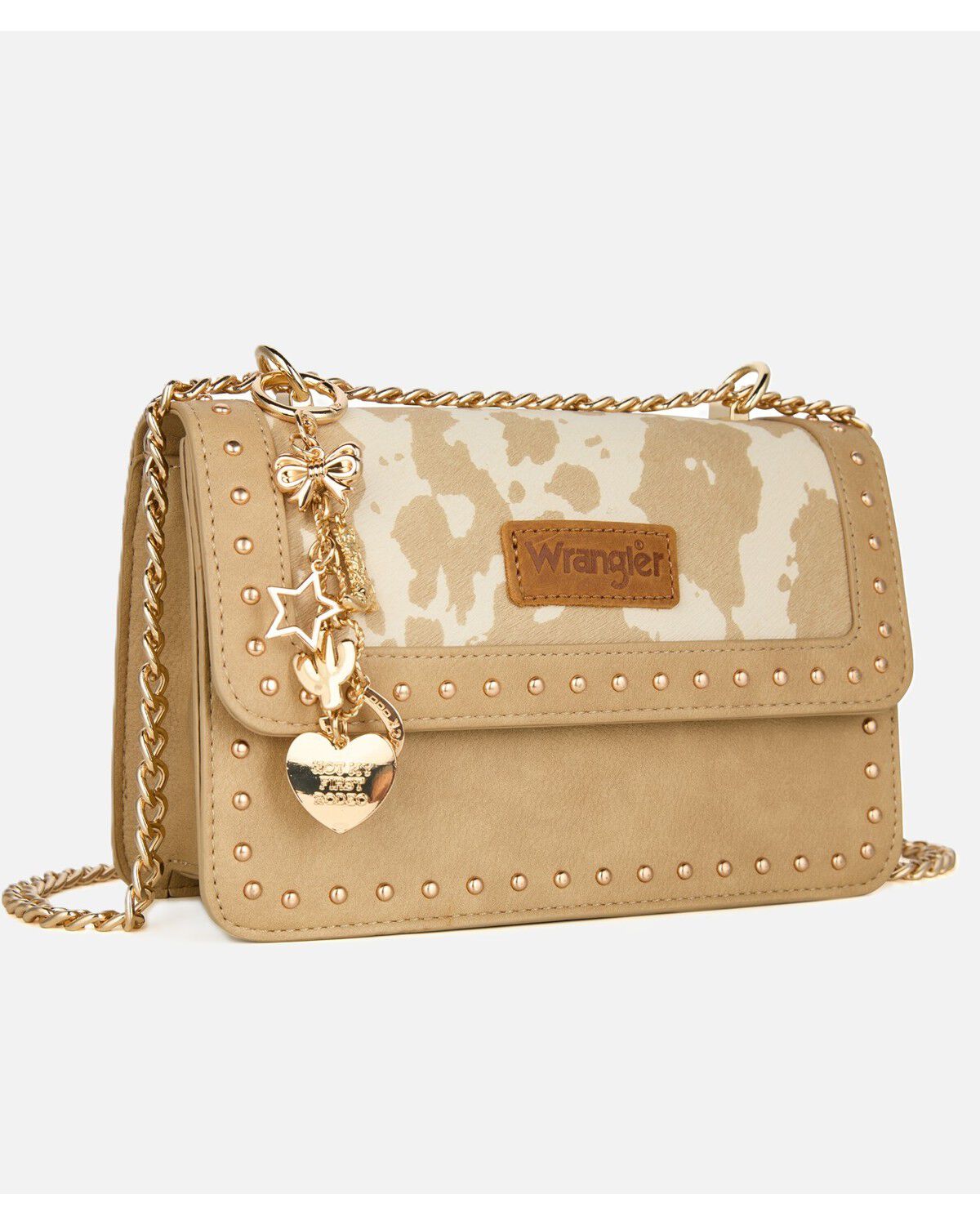 Image #2 - Wrangler X Boot Barn Women's Cow Print Shoulder Bag with Charm, Tan, hi-res