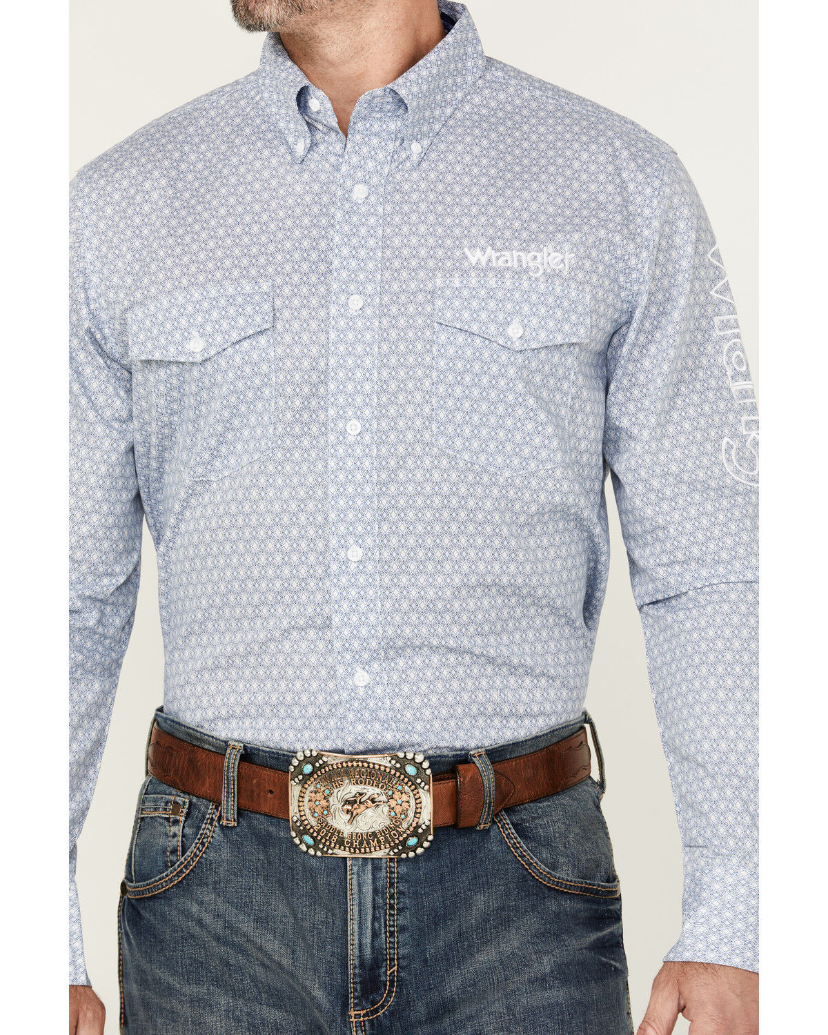 Image #3 - Wrangler Men's Logo Geo Print Long Sleeve Button-Down Western Shirt, Light Blue, hi-res