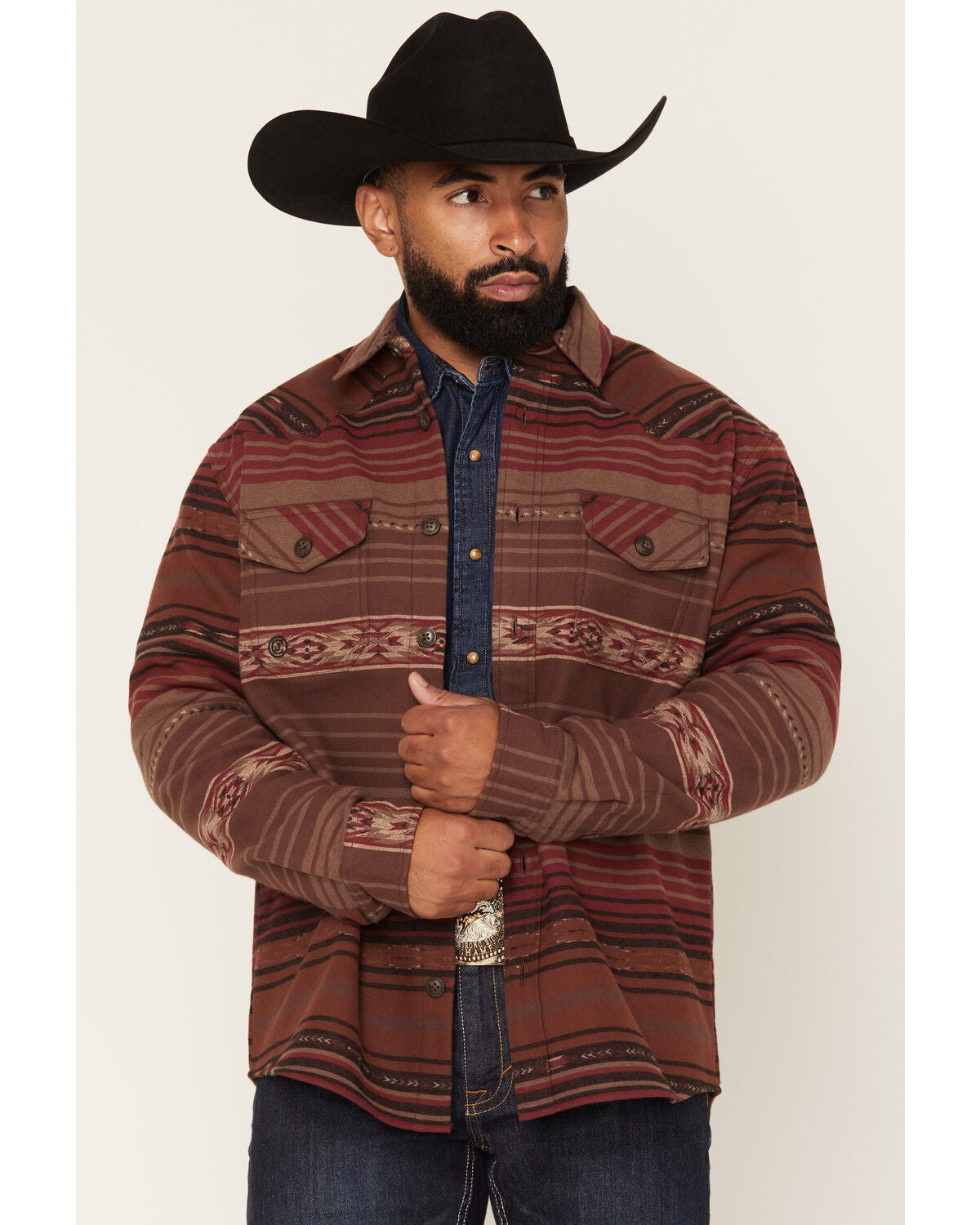 Image #1 - Cody James Men's Drif Southwestern Serape Striped Fleece Lined Shirt Jacket, Brown, hi-res