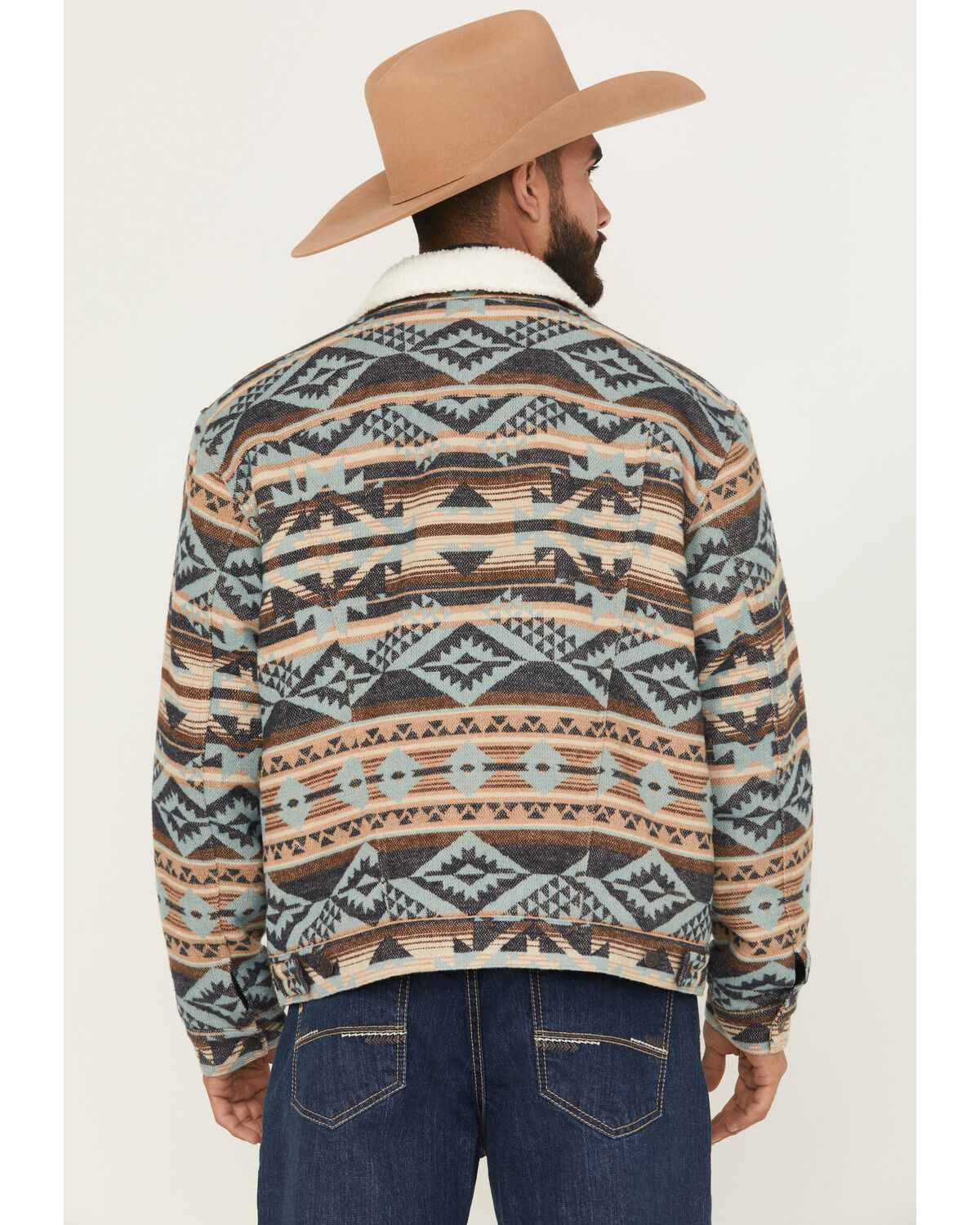 Image #4 - Wrangler Men's Southwestern Print Sherpa Lined Trucker Jacket, Tan, hi-res