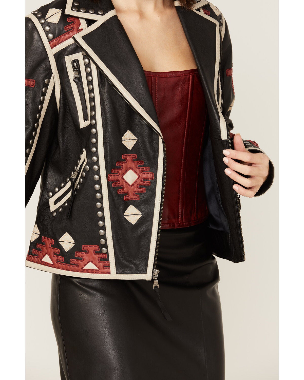Image #4 - Double D Ranch Women's Chilli Pantine Studded Southwestern Leather Jacket, , hi-res