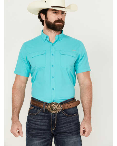 Ariat Men's VenTek Outbound Solid Short Sleeve Button-Down Performance Western Shirt , Turquoise, hi-res