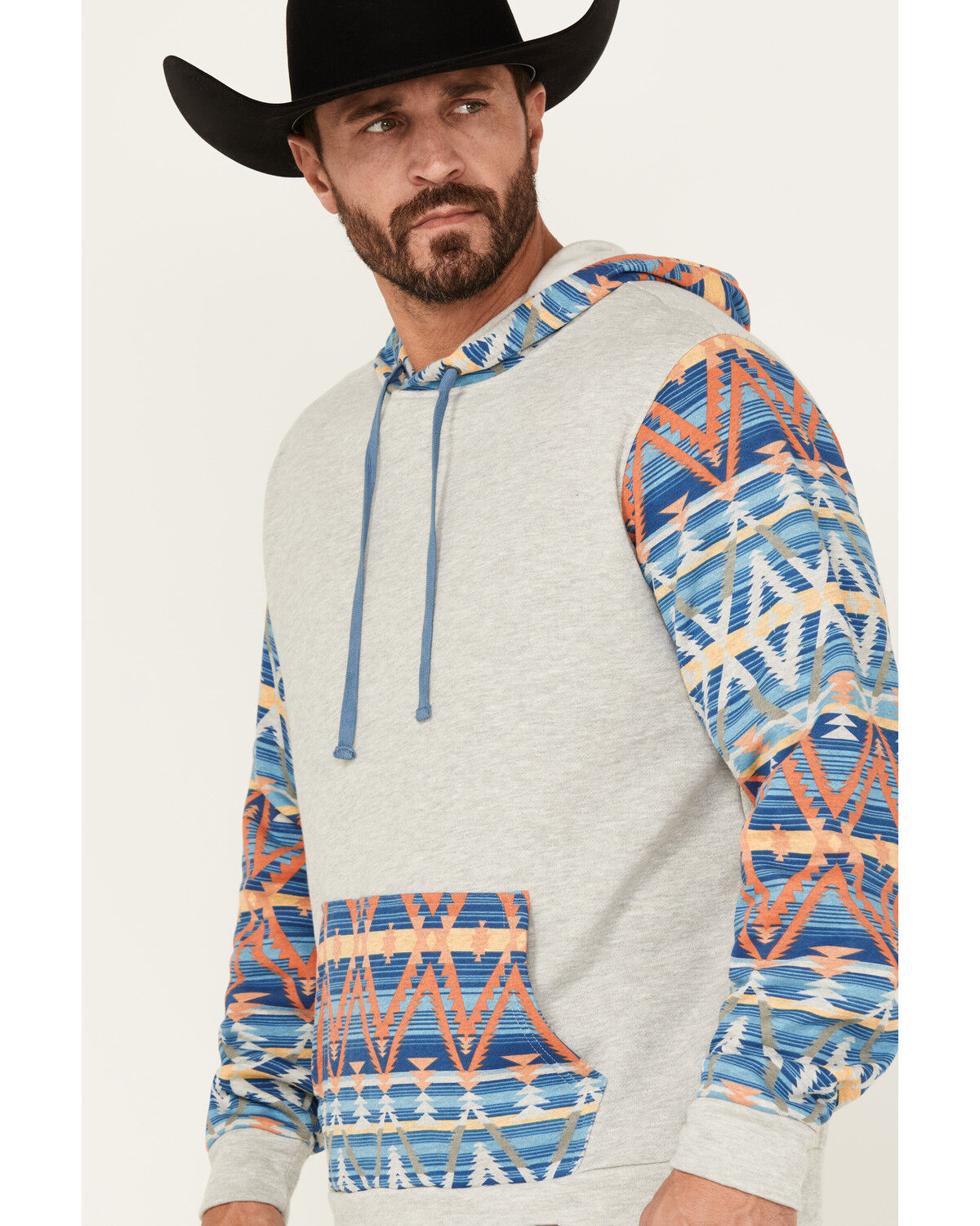 Image #2 - Rock & Roll Denim Men's Southwestern Print Color Block Hooded Sweatshirt, Grey, hi-res