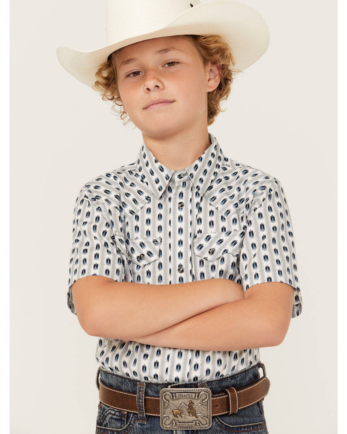 Image #1 - Cody James Boys' Tiki Southwestern Striped Short Sleeve Snap Western Shirt, , hi-res