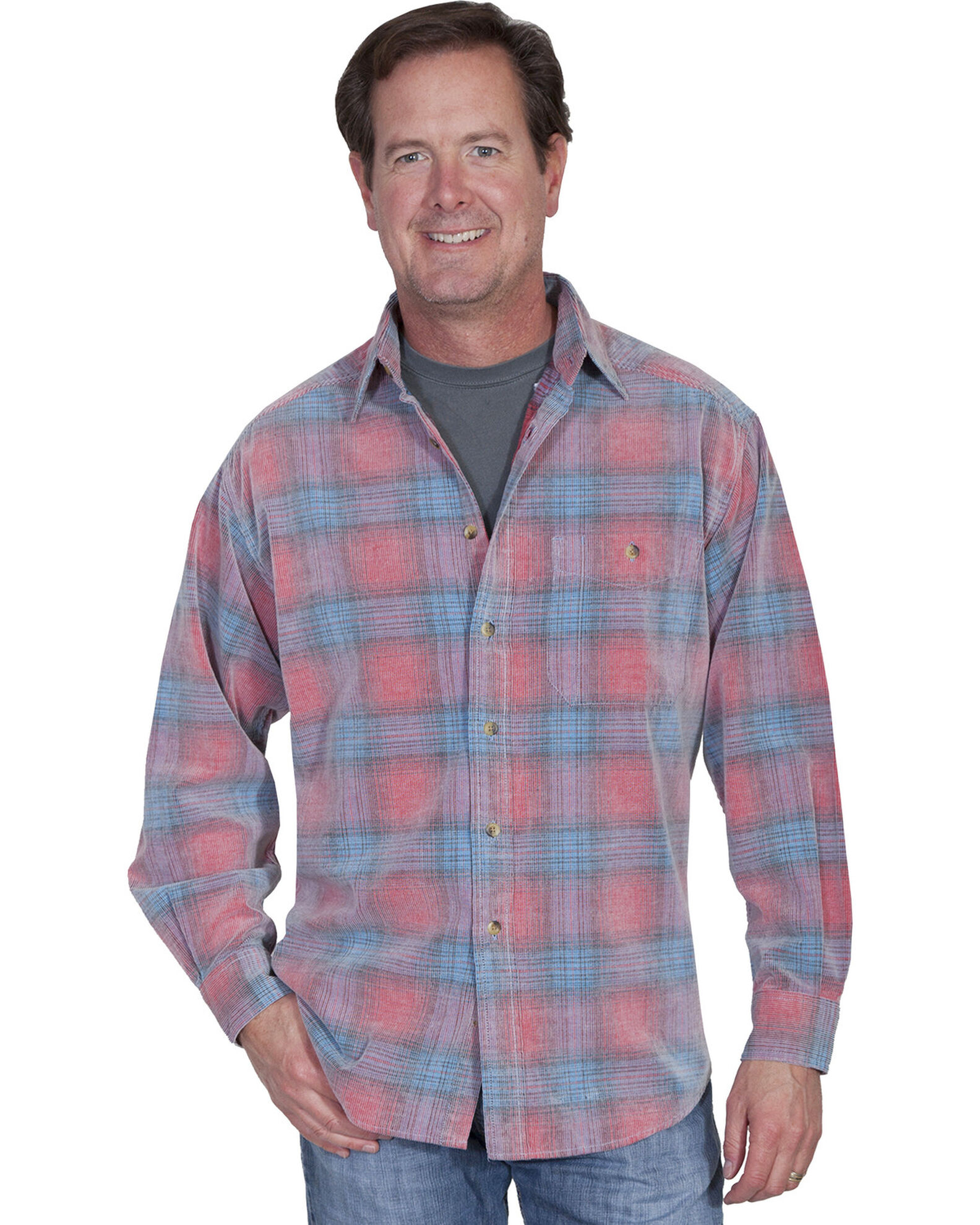Scully Men's Yard Dye Corduroy Plaid Print Long Sleeve Button Down Western  Shirt