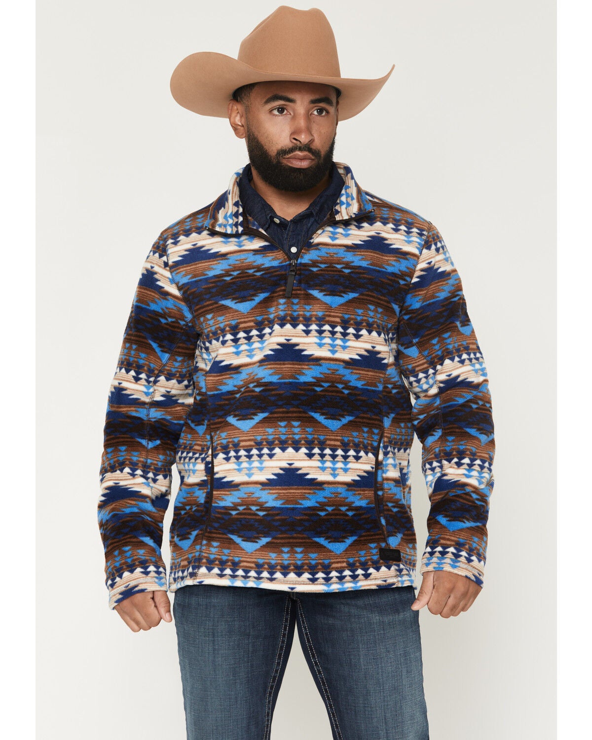 Rock & Roll Denim Men's Boot Barn Exclusive Southwestern Print 1/4 Zip Pullover, Blue, hi-res