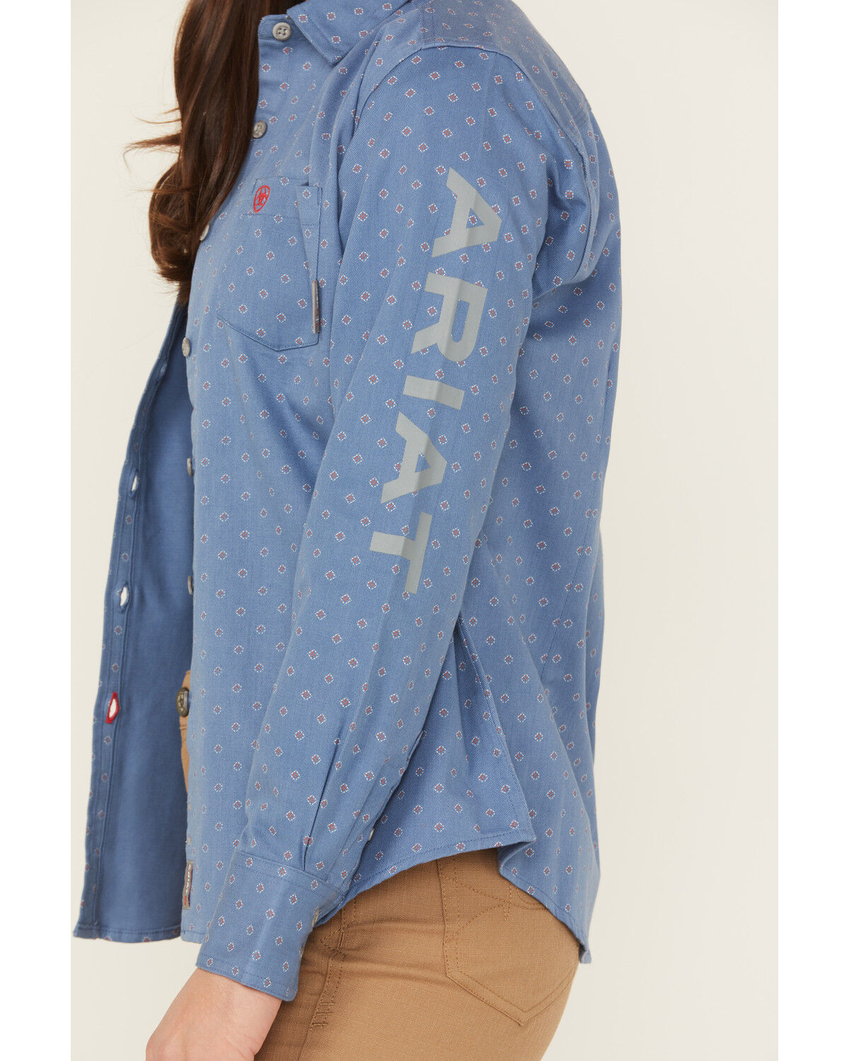 Image #3 - Ariat Women's FR Brooke Geo Print Long Sleeve Button-Down Work Shirt, Blue, hi-res