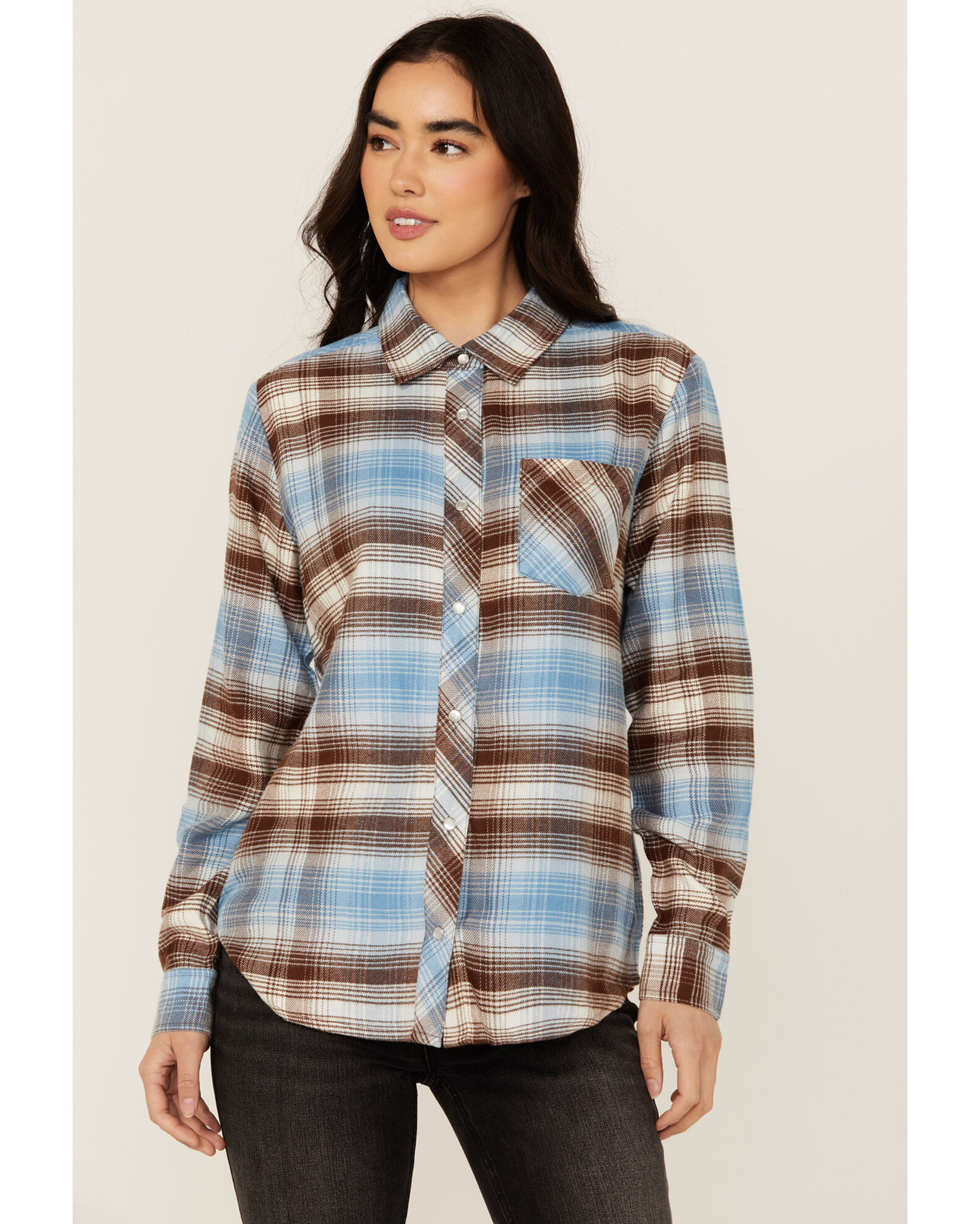 Image #1 - Idyllwind Women's Lane Plaid Print Long Sleeve Snap Flannel Shirt, Light Blue, hi-res