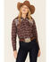 Rough Stock By Panhandle Women's Floral Print Lace Yoke Long Sleeve Snap Western Core Shirt , Burgundy, hi-res
