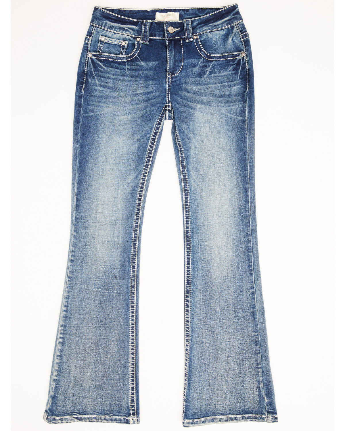 Image #2 - Shyanne Girls' Light Embroidered Faux Flap Pocket Bootcut Jeans, Blue, hi-res