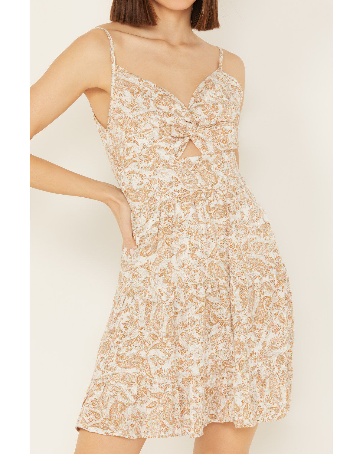 Image #3 - Wild Moss Women's Paisley Print Knot Front Mini Dress, Mustard, hi-res