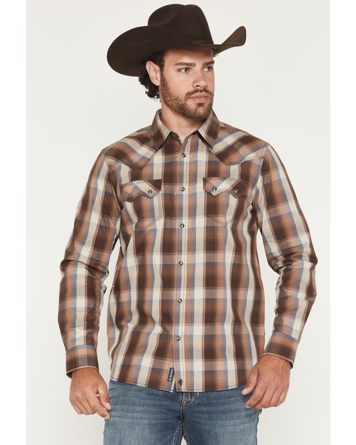 Image #1 - Moonshine Spirit&reg; Men's Claim Jump Plaid Print Snap Western Shirt, Brown, hi-res