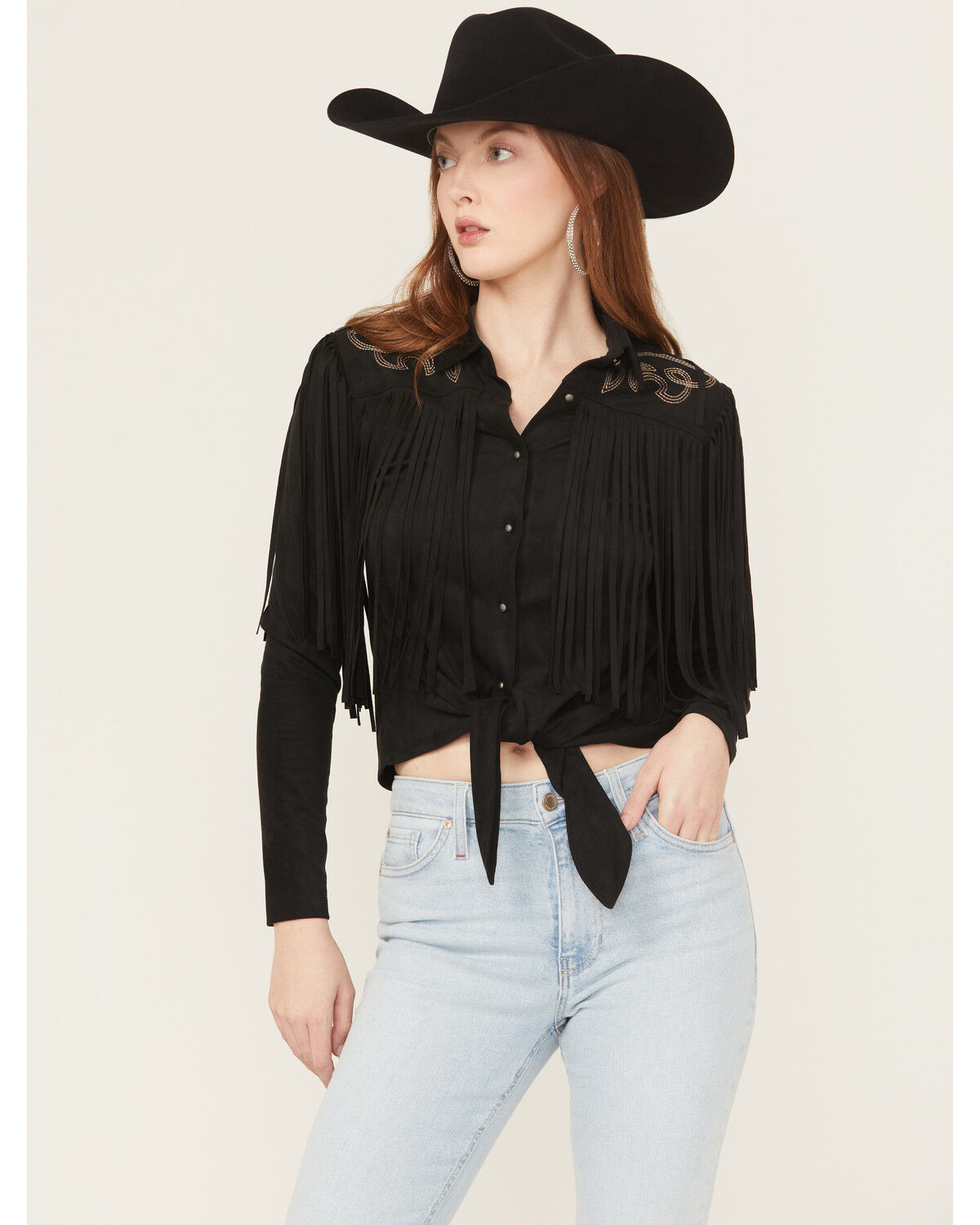 Image #2 - Idyllwind Women's McKinney Faux Suede Long Sleeve Fringe Top, Black, hi-res