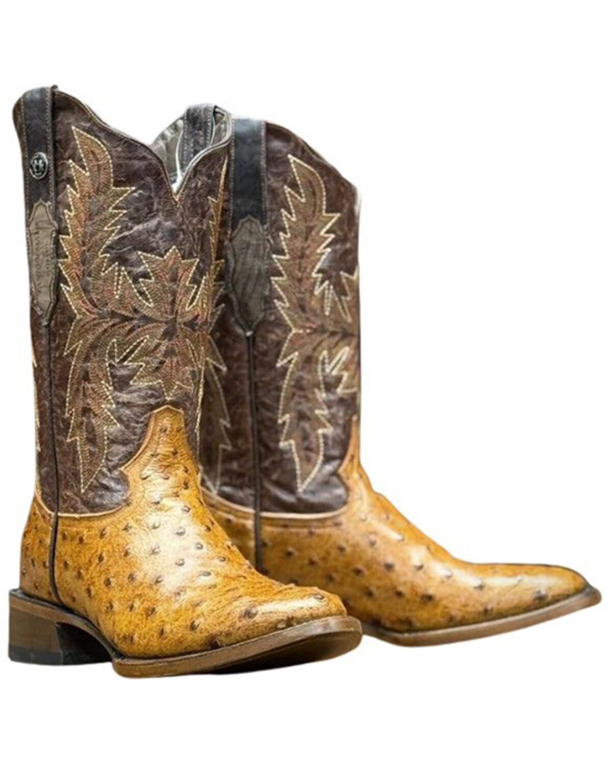 Image #1 - Tanner Mark Men's Ostrich Print Western Boots - Broad Square Toe, Cognac, hi-res