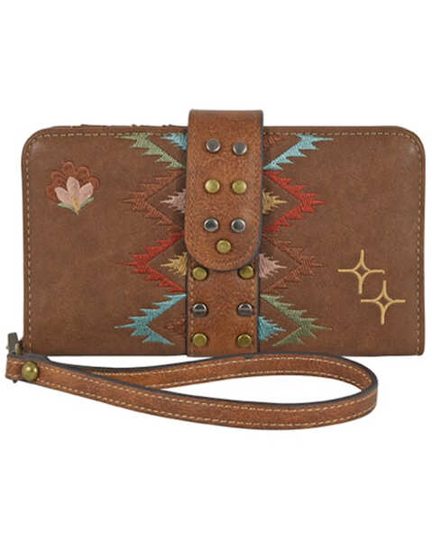 Catchfly Women's Brown Multicolored Embroidered Wristlet Wallet, Brown, hi-res