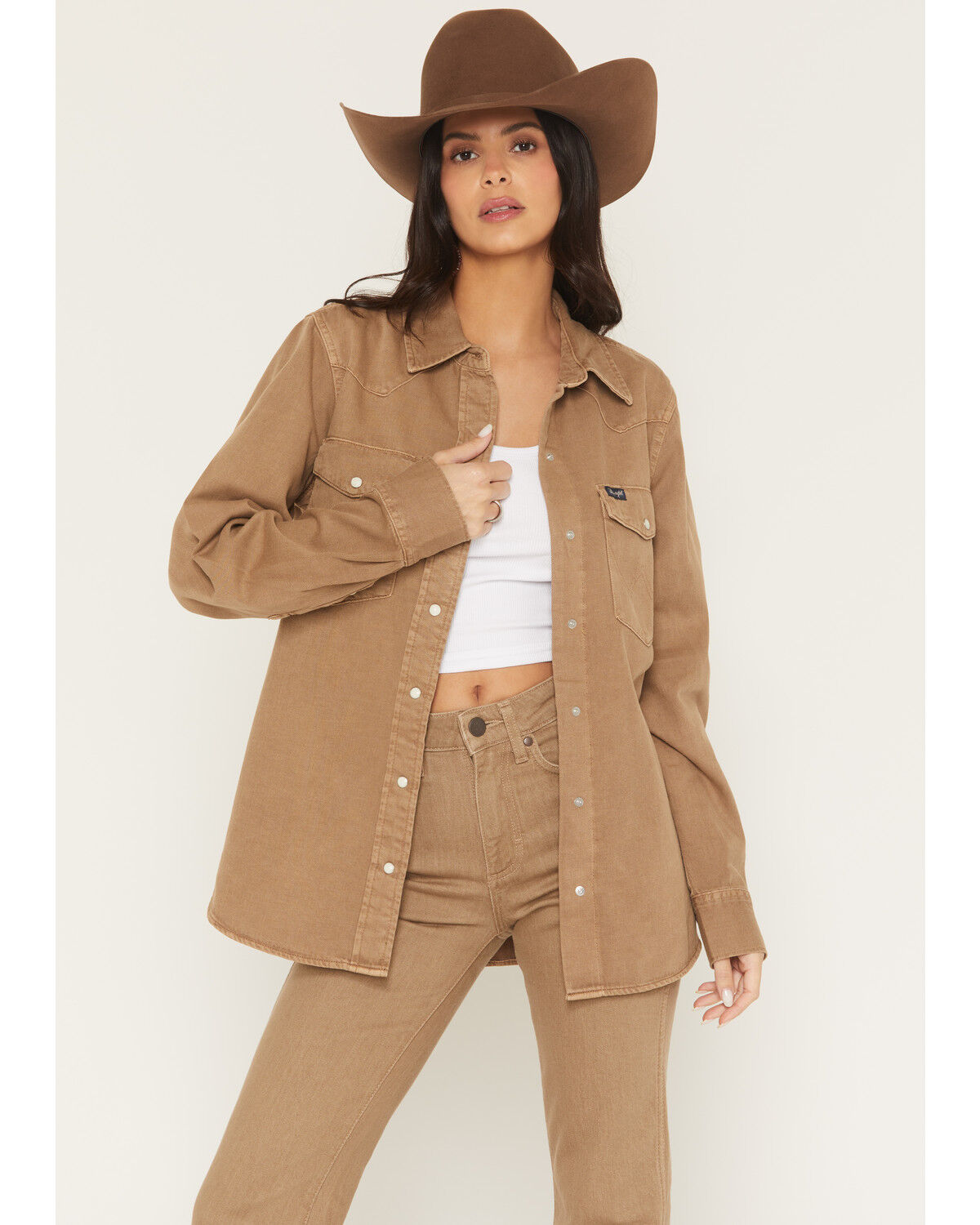 Image #5 - Wrangler Retro Women's Vintage Denim Long Sleeve Snap Western Shirt, Tan, hi-res