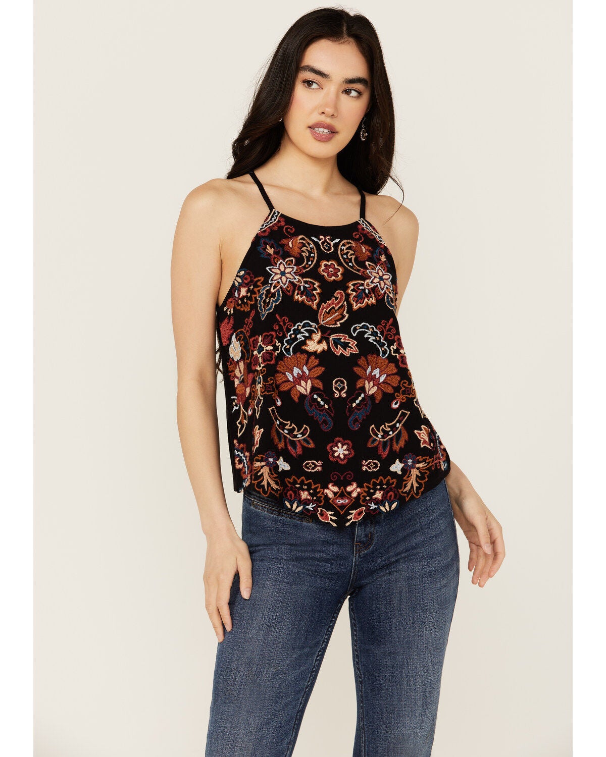 Idyllwind Women's Scrolling Floral Haze Embroidered Sleeveless Top, Black, hi-res