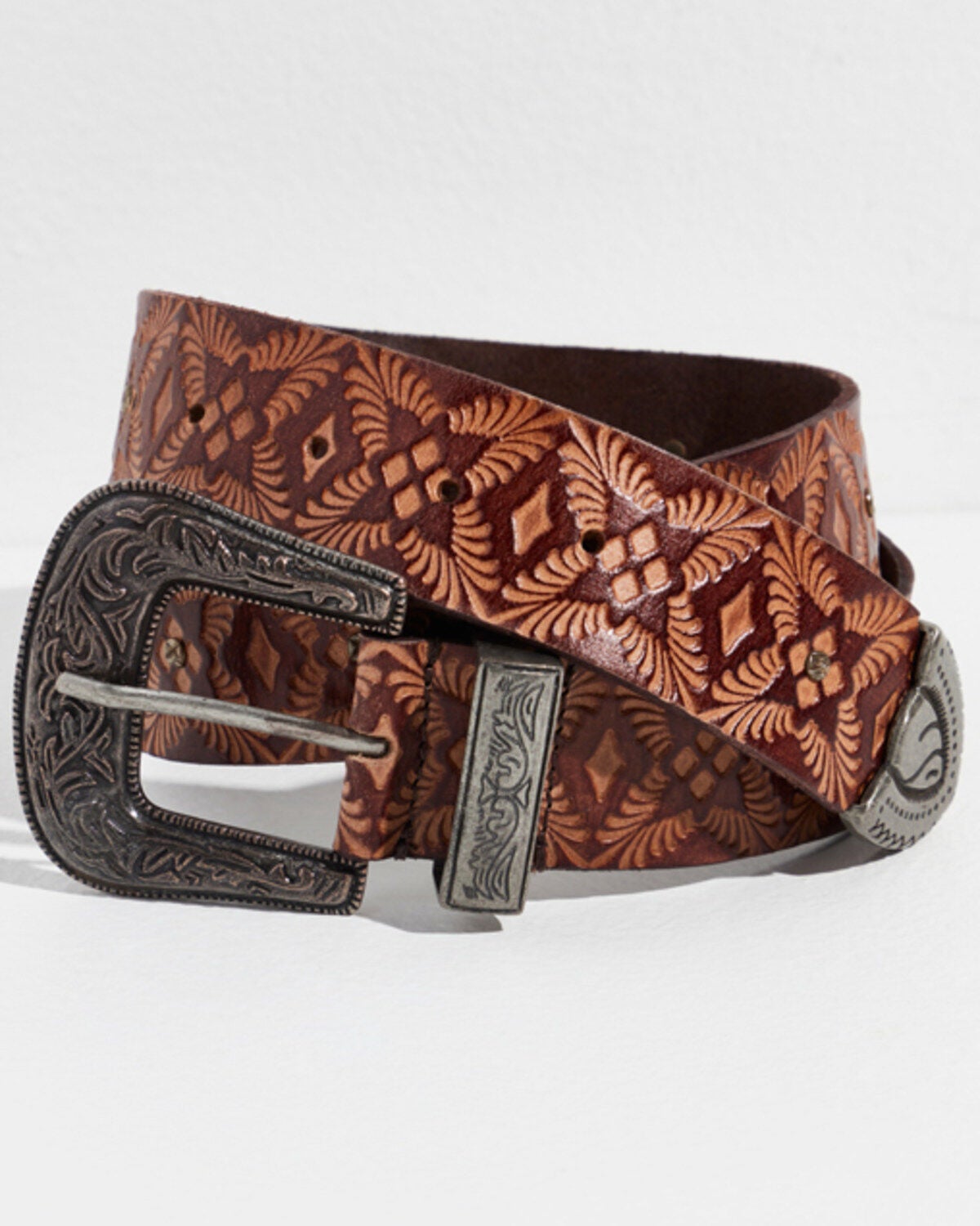 Free People Women's Outlaw Embossed Leather Belt, Cognac, hi-res