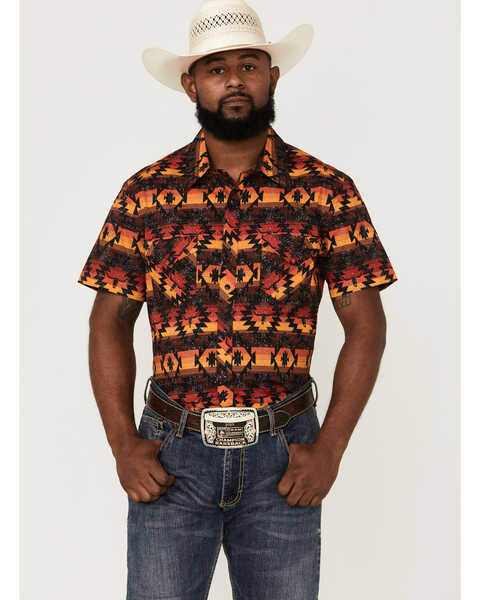 Dale Brisby Men's Sunset Southwestern Print Snap Short Sleeve Western Shirt , Black, hi-res