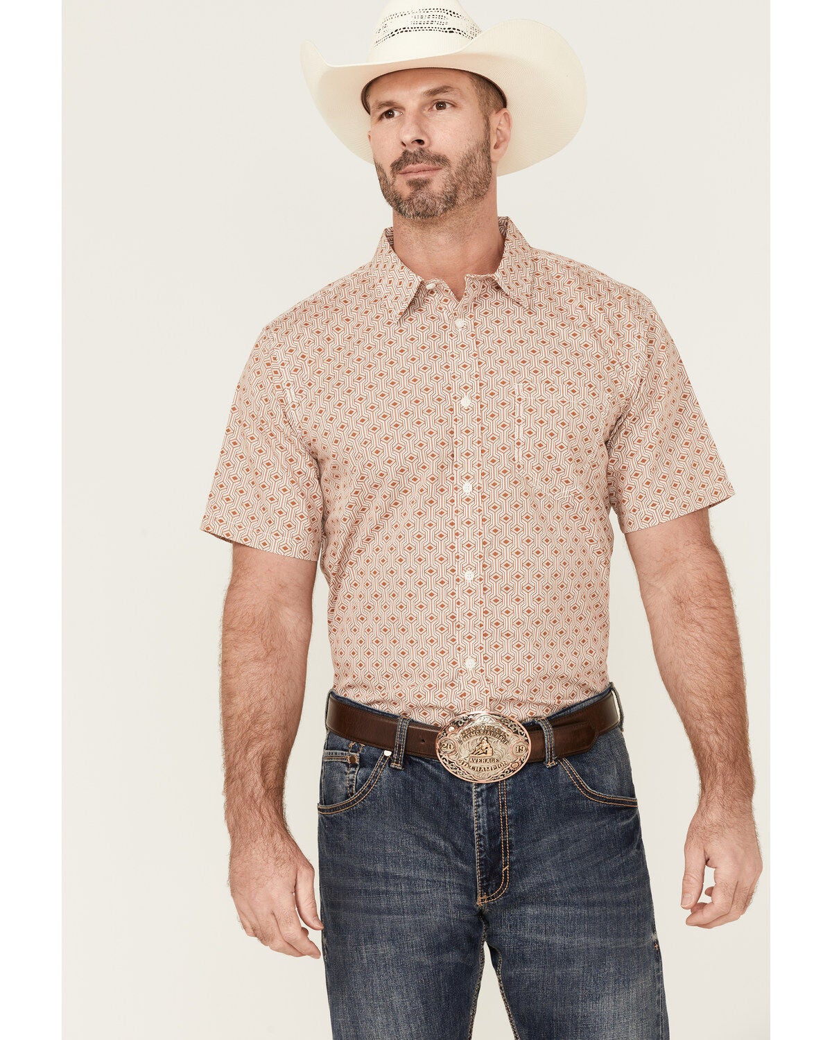 Gibson Men's Cabana Geo Print Short Sleeve Button-Down Western Shirt, Cream, hi-res
