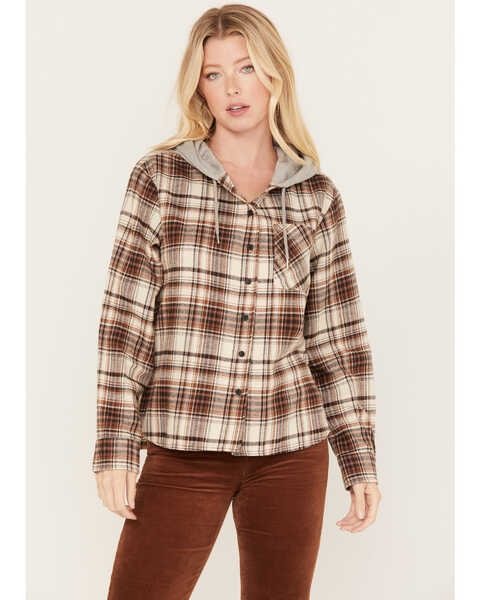 Image #1 - Cleo + Wolf Women's Tau Plaid Print Hooded Flannel Long Sleeve Shirt, Taupe, hi-res