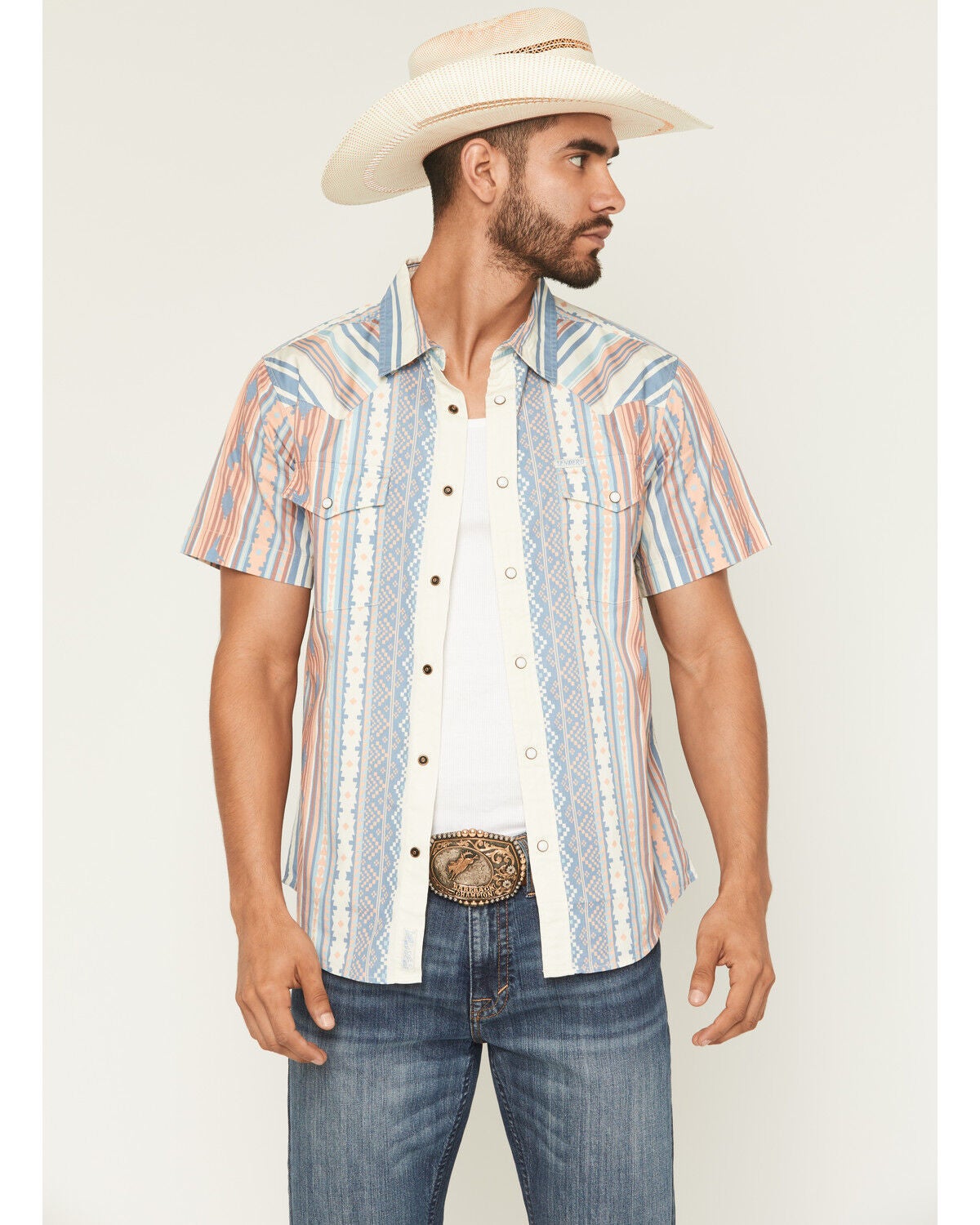 Sendero Provisions Men's Wyatt Serape Striped Short Sleeve Snap Western Shirt, Indigo, hi-res