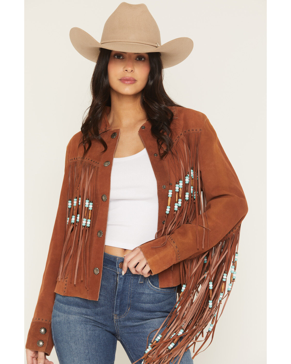 Image #1 - Cripple Creek Women's Amberglow Hand Laced Snap Front Suede Jacket, Brown, hi-res