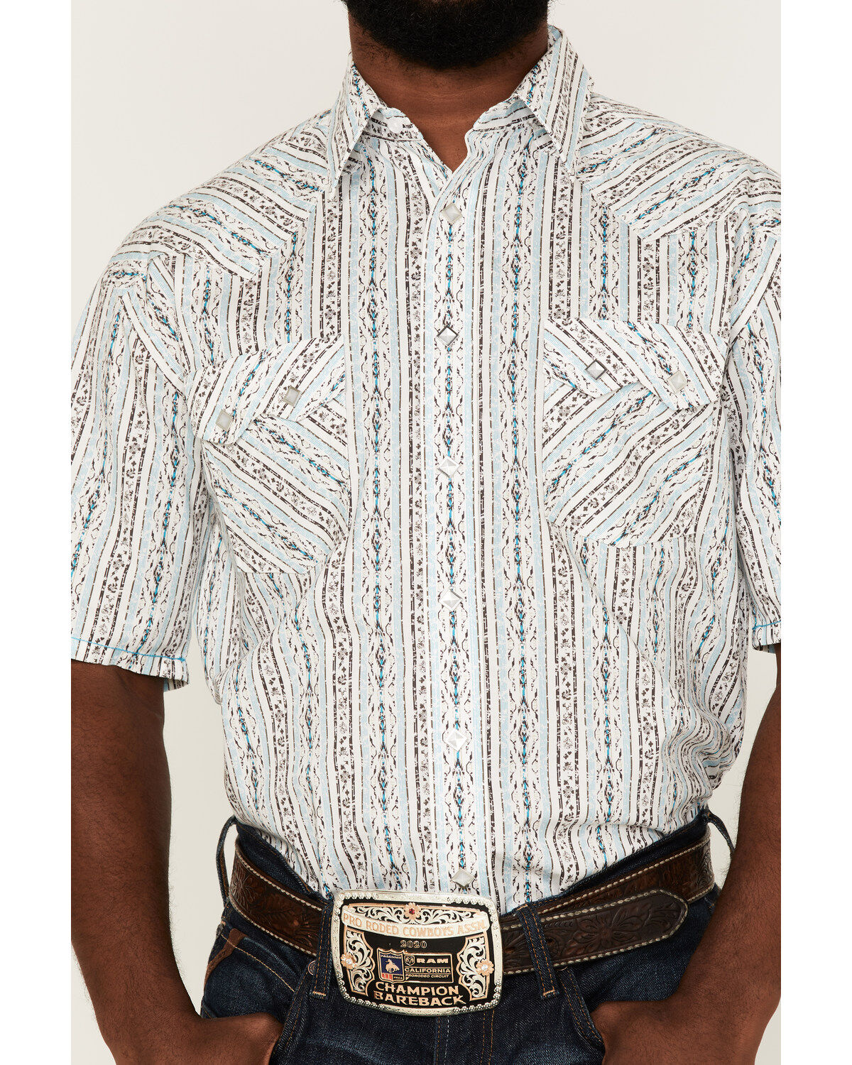 Image #3 - Rough Stock By Panhandle Men's Southwestern Stripe Short Sleeve Pearl Snap Western Shirt, Turquoise, hi-res