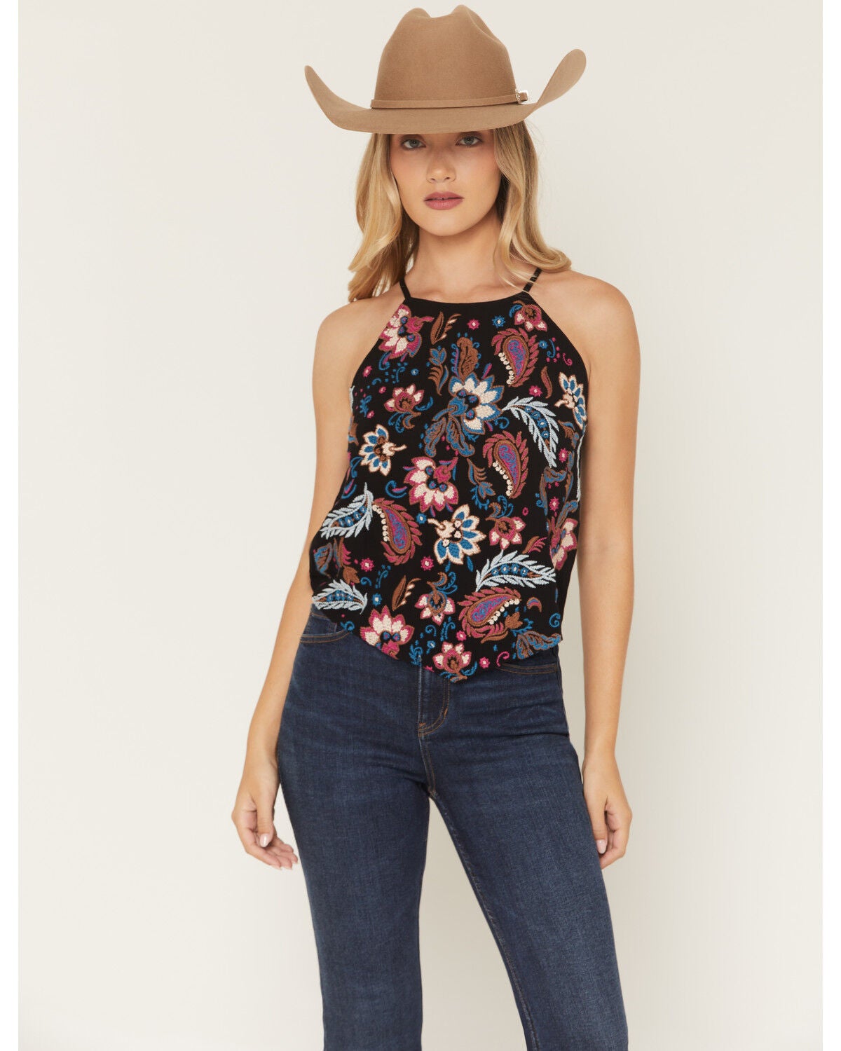 Idyllwind Women's Floral Haze Embroidered Crinkle Tank Top, Black, hi-res