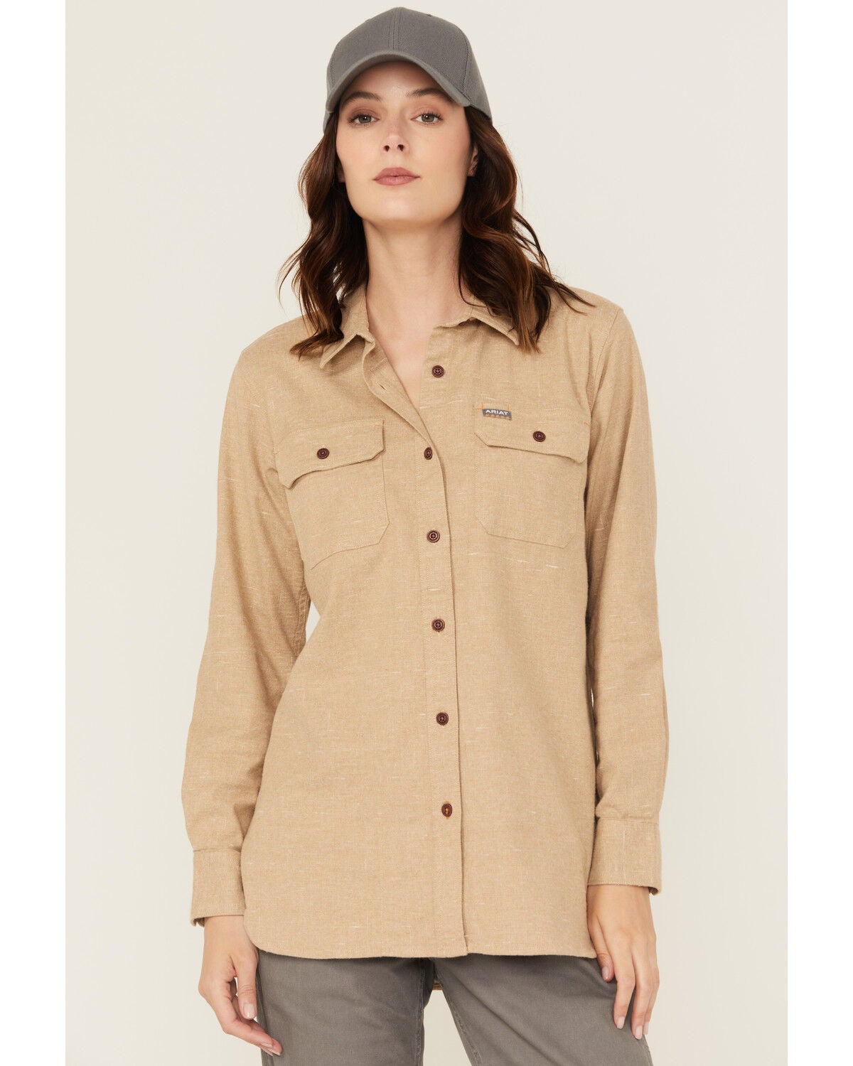 Ariat Women's Rebar Tunic Long Sleeve Button-Down Flannel Work Shirt, Beige, hi-res