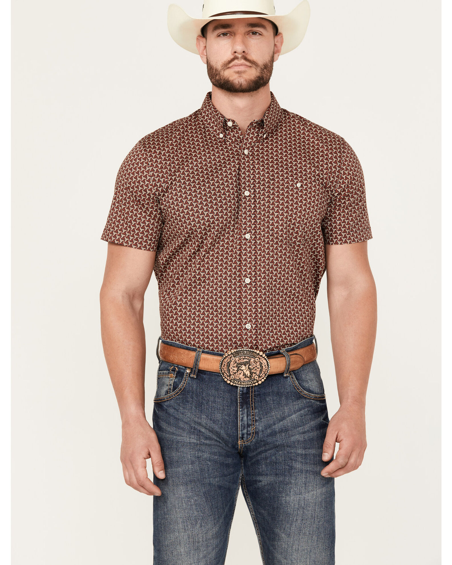 RANK 45® Men's Baytown Geo Print Short Sleeve Button-Down Western Shirt