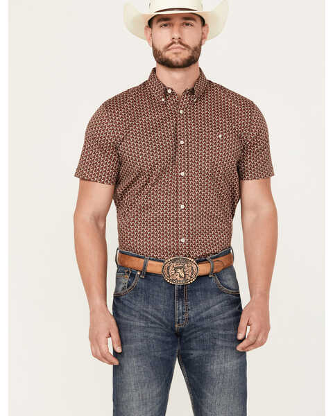 RANK 45® Men's Baytown Geo Print Short Sleeve Button-Down Western Shirt, Brick Red, hi-res