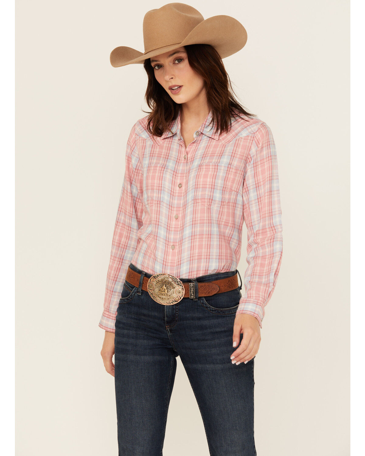 Image #1 - Ariat Women's Billie Jean Plaid Print Long Sleeve Button-Down Western Shirt, Rose, hi-res