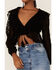 Saints & Hearts Women's Floral Lace Ruched Crop Top, Black, hi-res