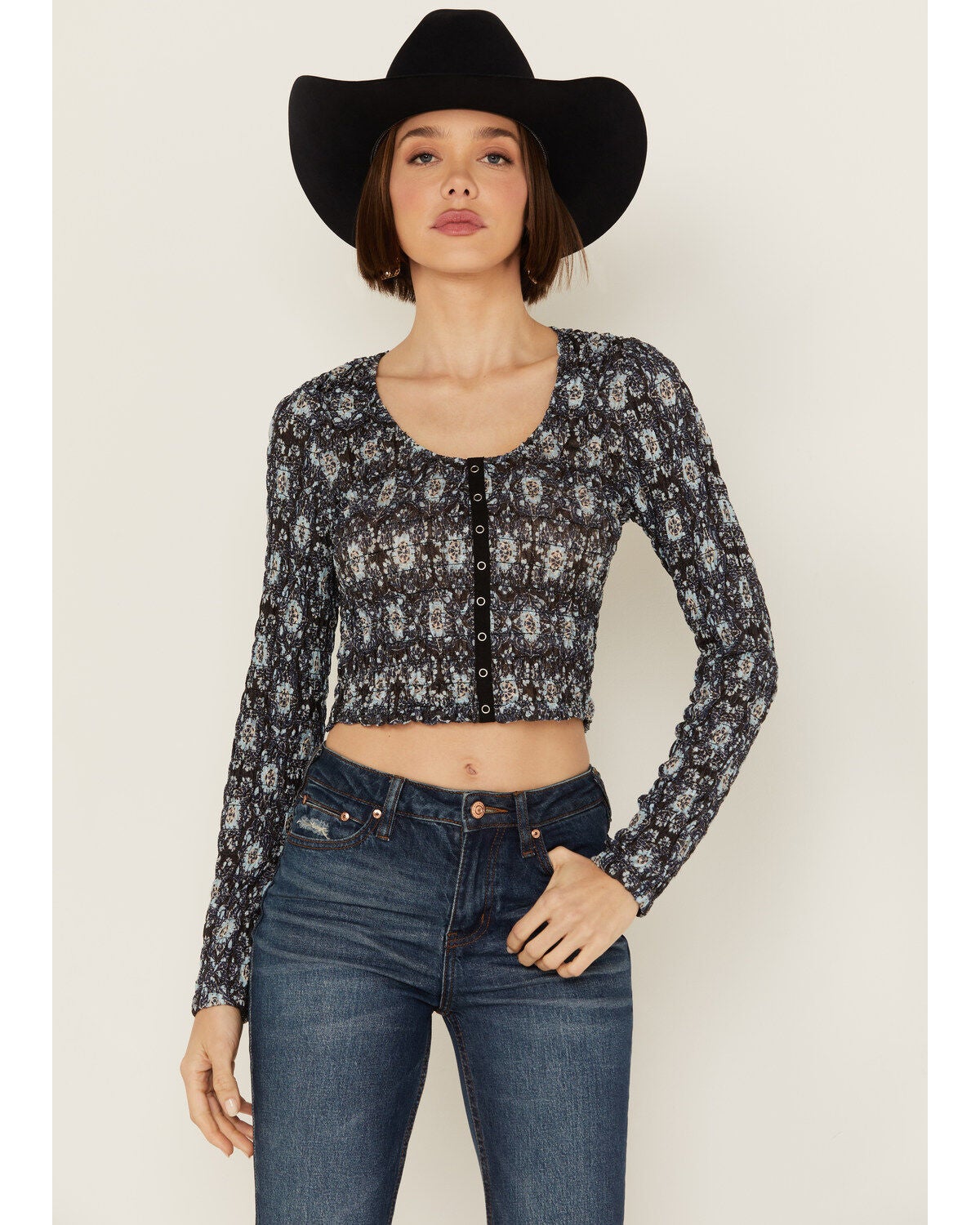 Beyond The Radar Women's Floral Mesh Long Sleeve Top, Black, hi-res