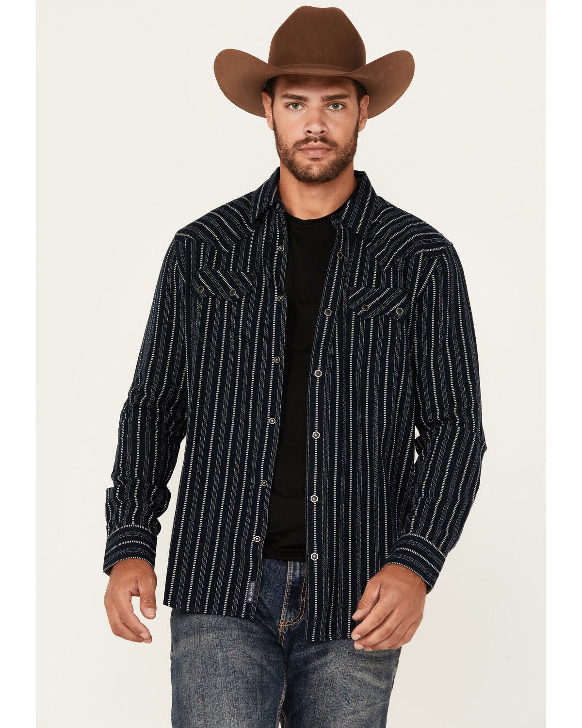 Moonshine Spirit&reg; Men's Record Deal Striped Long Sleeve Snap Western Shirt, Navy, hi-res