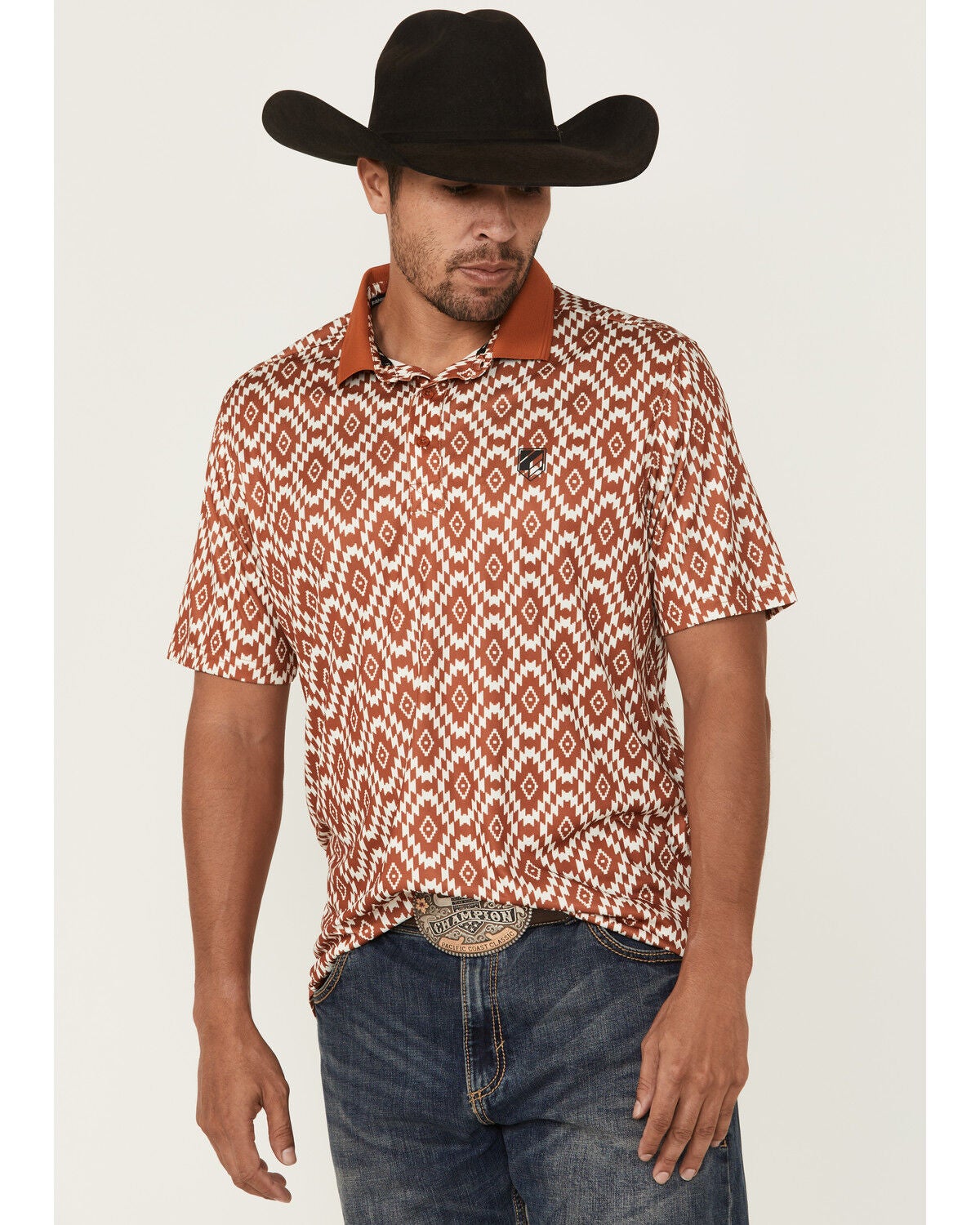 RANK 45&reg; Men's Crossfire Southwestern Print Short Sleeve Polo, Brown, hi-res