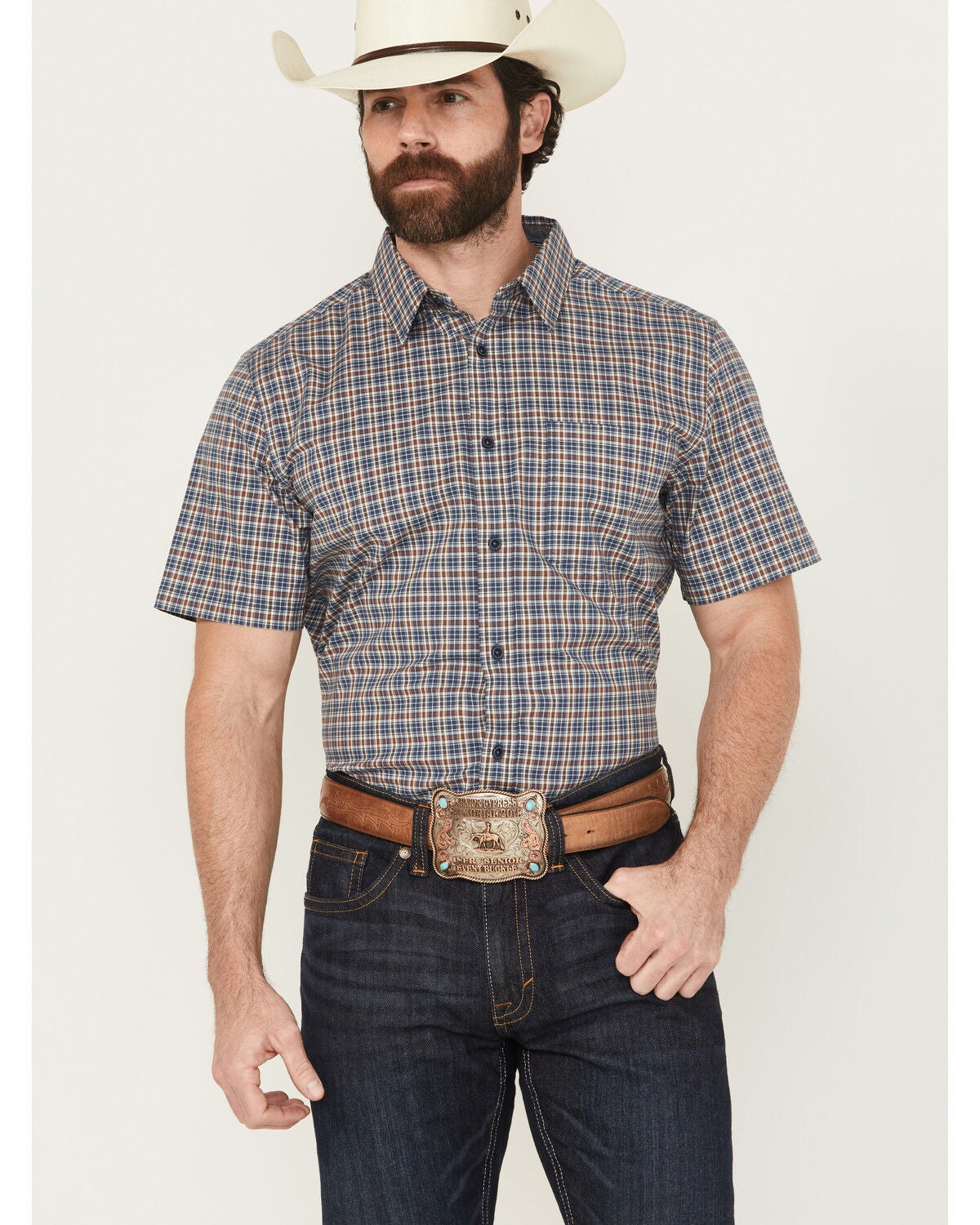 Cody James Men's Wildlife Plaid Print Short Sleeve Button-Down Stretch Western Shirt, Blue, hi-res