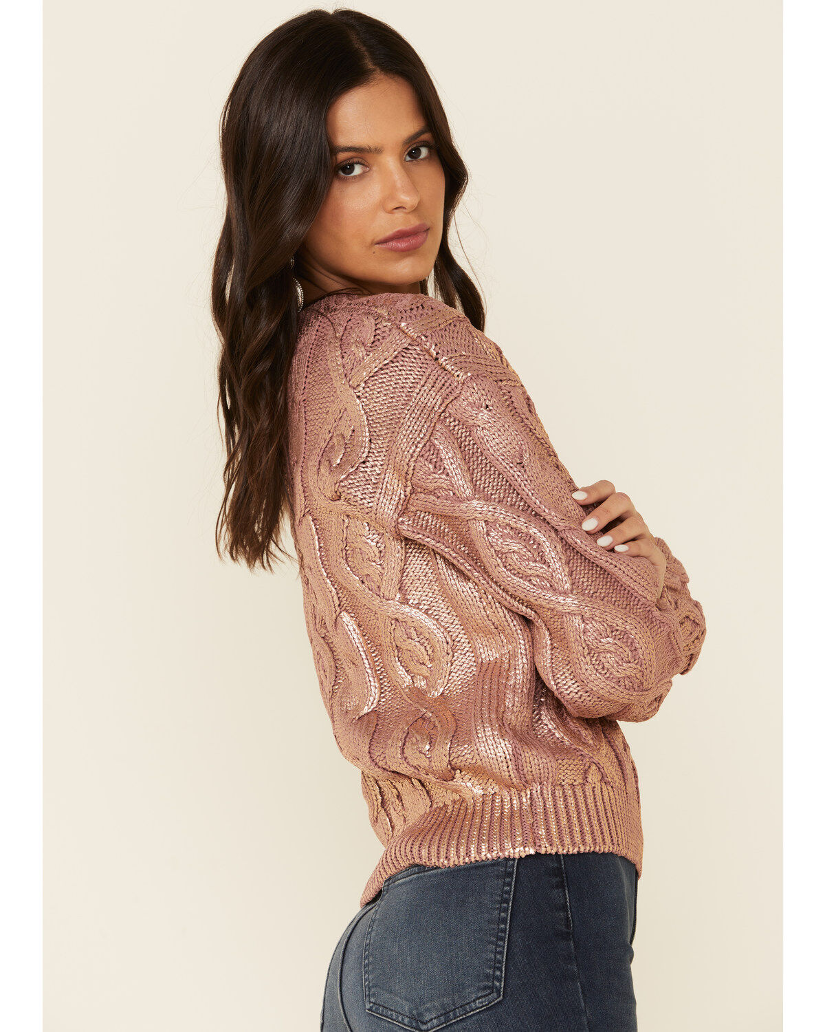Image #4 - Rock & Roll Denim Women's Mauve Metallic Cable Knit Sweater , , hi-res