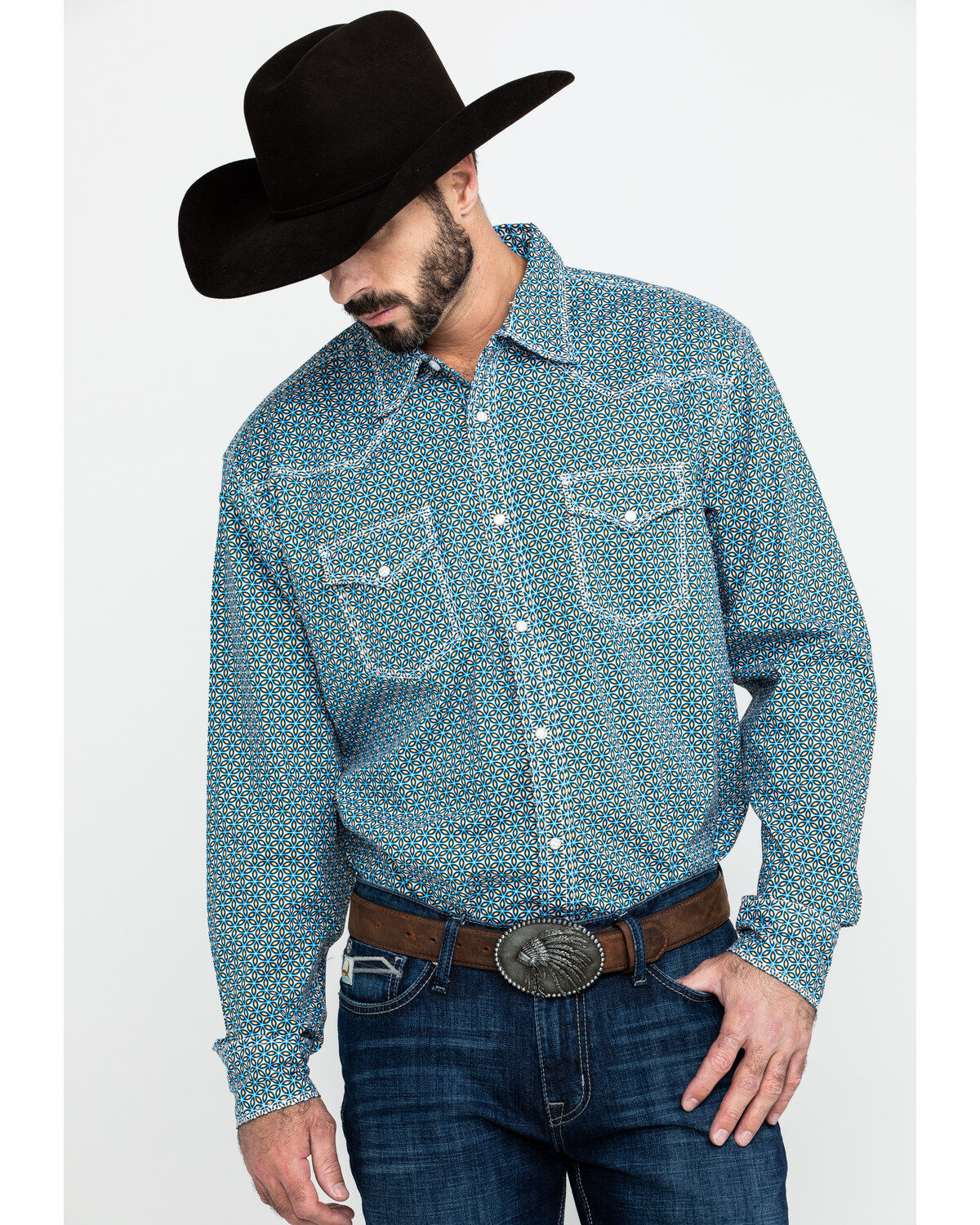 Image #1 - Wrangler 20X Men's Advanced Comfort Blue Geo Print Long Sleeve Western Shirt , , hi-res