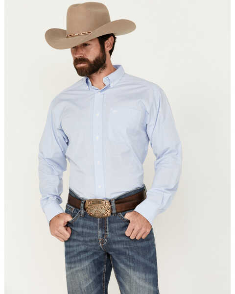 Ariat Men's Pro Series Dabney Checkered Print Long Sleeve Button-Down Western Shirt - Big , Light Blue, hi-res