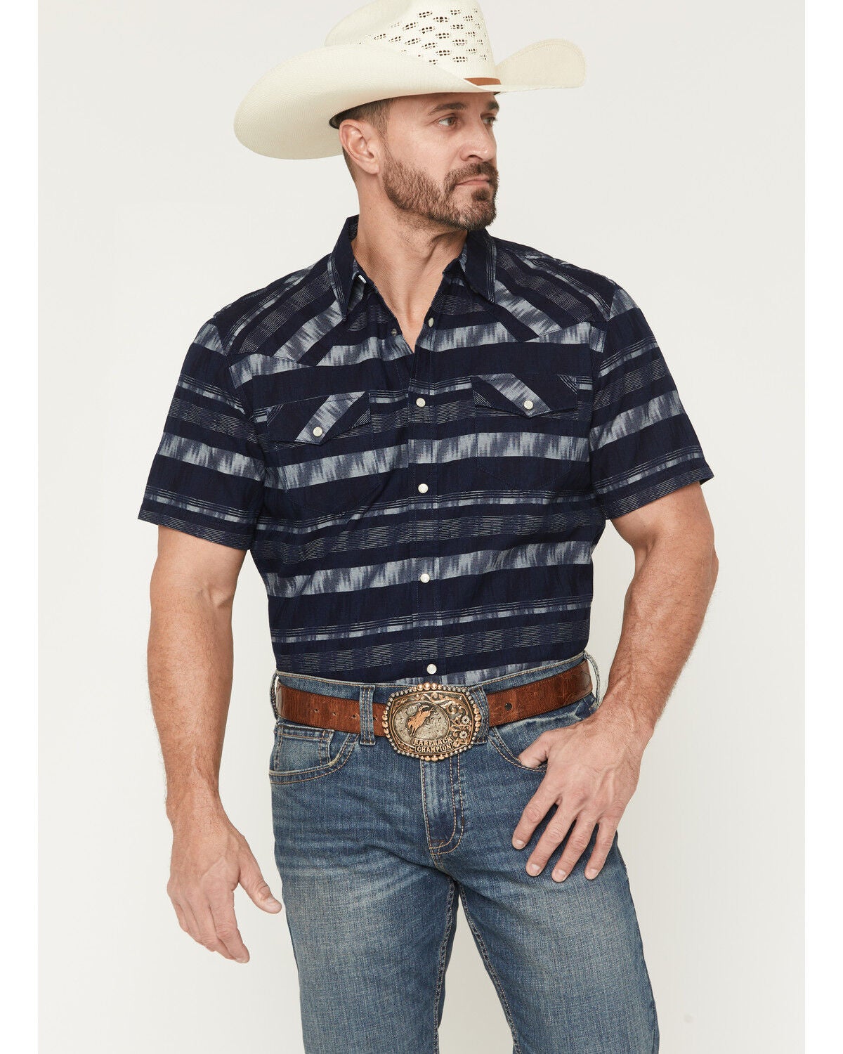 Image #1 - Cody James Men's Ikat Striped Short Sleeve Pearl Snap Western Shirt, Indigo, hi-res