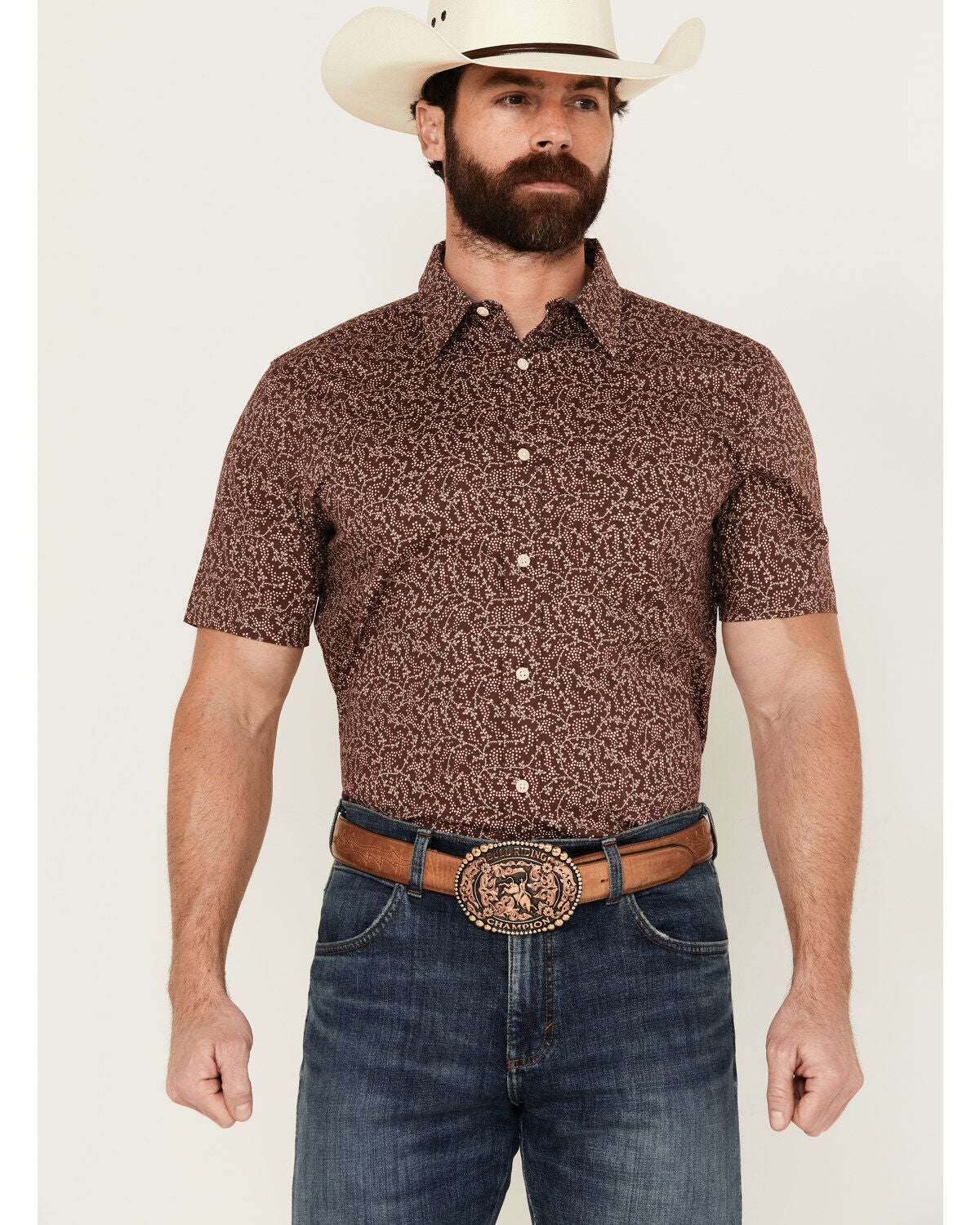 Cody James Men's Festive Floral Short Sleeve Button-Down Stretch Western Shirt, Brown, hi-res