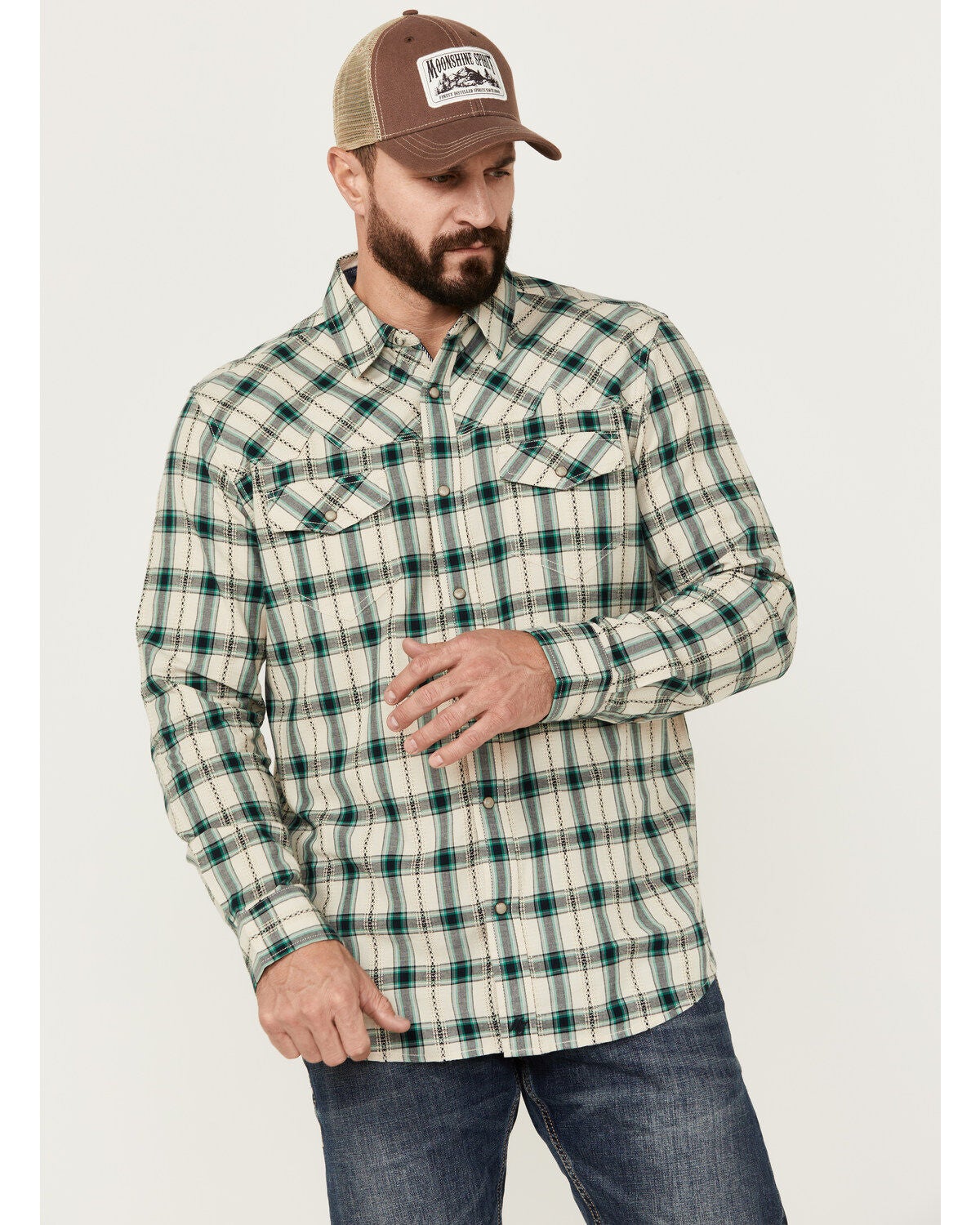 Moonshine Spirit&reg; Men's Last Call Dobby Plaid Print Long Sleeve Pearl Snap Western Shirt, Natural, hi-res