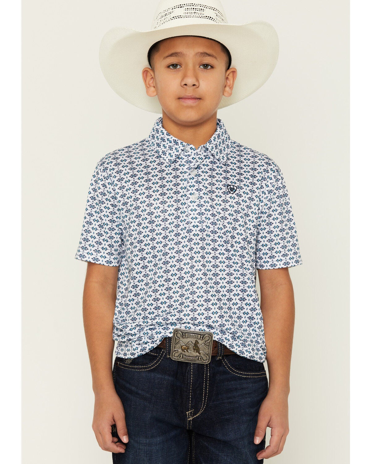 Ariat Boys' AriatTEK Geo Print Short Sleeve Button-Down Polo, White, hi-res
