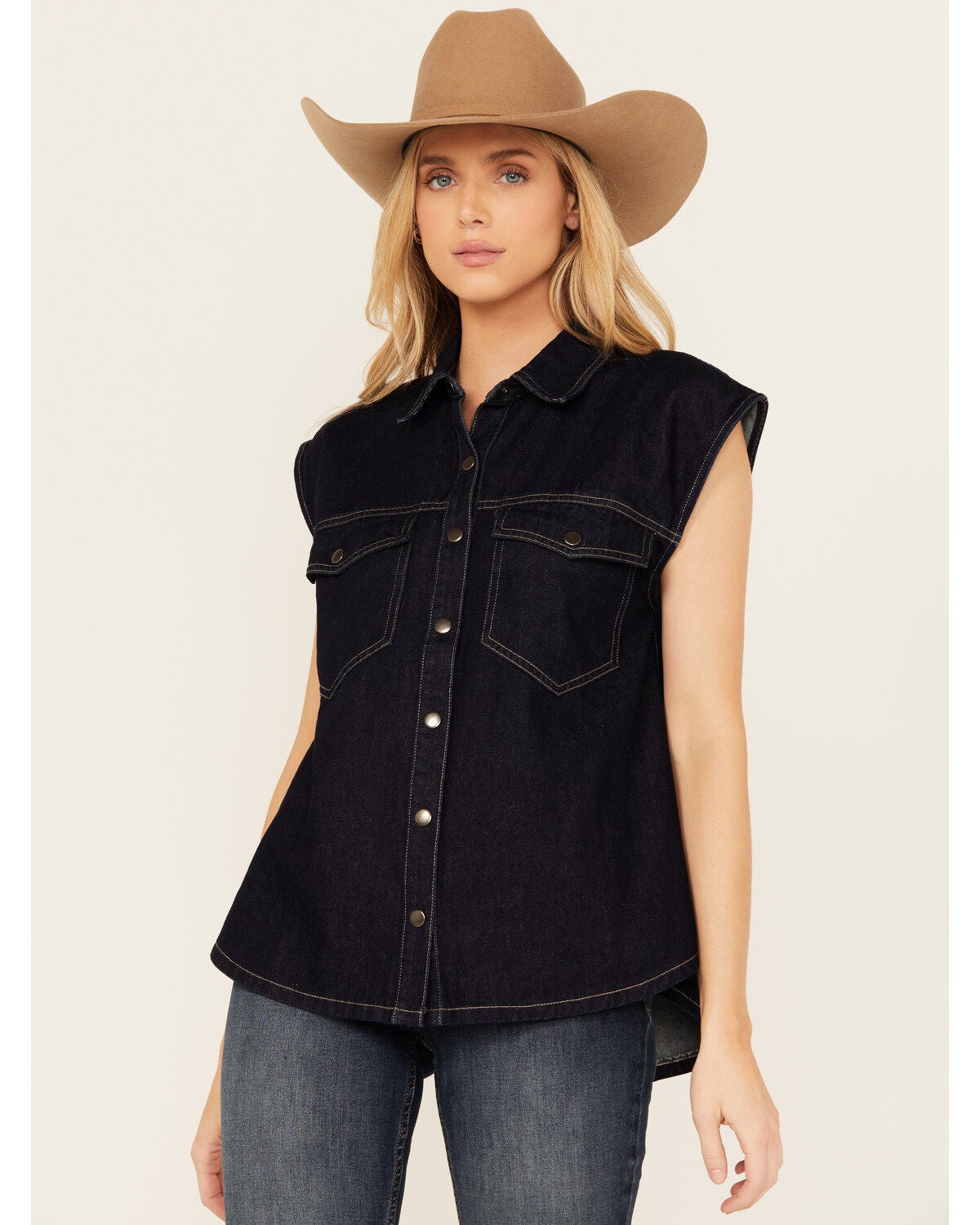 Flying Tomato Women's Dark Wash Denim Vest, Blue, hi-res